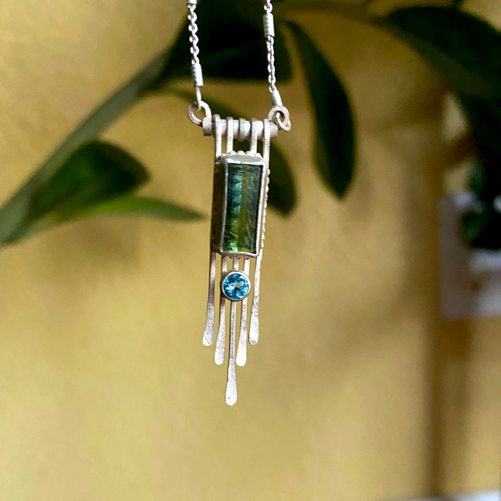 Tourmaline & Aquamarine Gemstone Silver Pendant Necklace - ONE OF A KIND